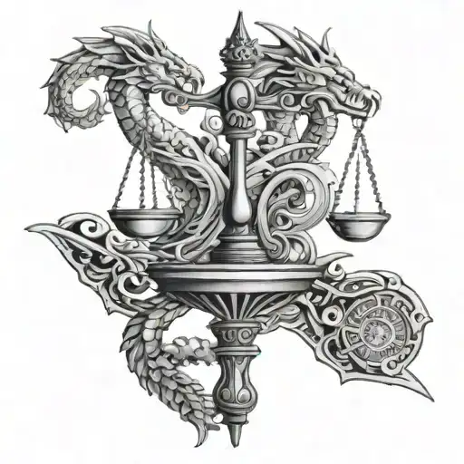 tattoo of a Libra scale with a dragon on one side and a sword on the other floating tattoo design idea