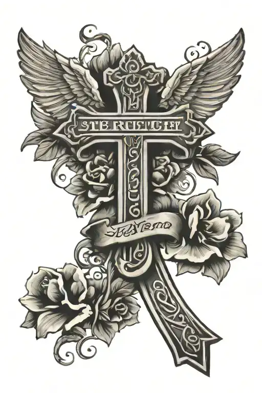 cross with words my strength is from heaven tattoo design idea