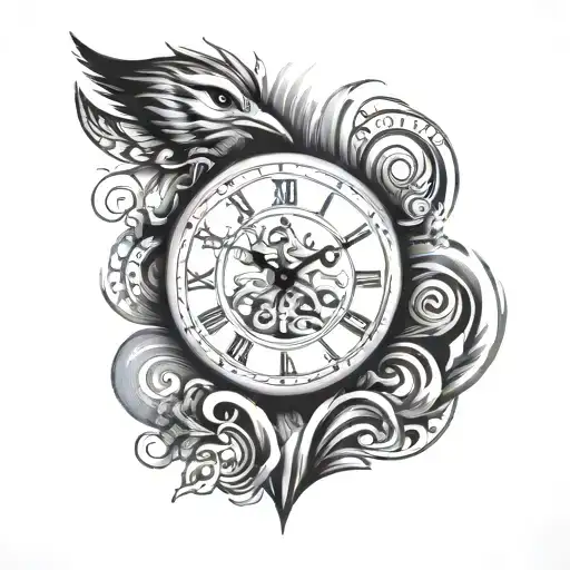 arm sleeve tattoo featuring tribal , clock, waves. mountain. bird tattoo design idea