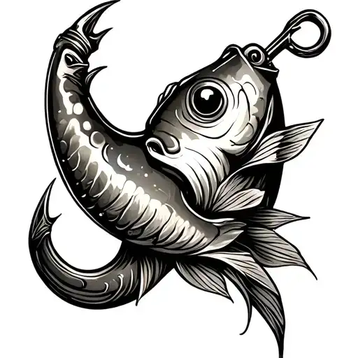 fishing hook inside of skin tattoo design idea