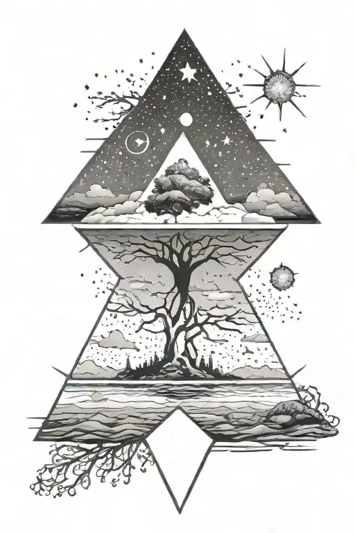 A detailed, triangle illustration of a neuron morphing into a seaside landscape, with a sky full of stars. tattoo design idea