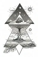 A detailed, triangle illustration of a neuron morphing into a seaside landscape, with a sky full of stars. tattoo design idea