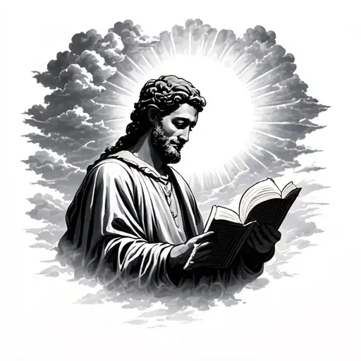 I want a sun half covered by sum clouds with sunlight shining down on a man reading a Scripture  tattoo design idea