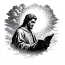 I want a sun half covered by sum clouds with sunlight shining down on a man reading a Scripture  tattoo design idea