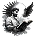 I want a sun half covered by sum clouds with sunlight shining down on a man reading a Scripture  tattoo design idea