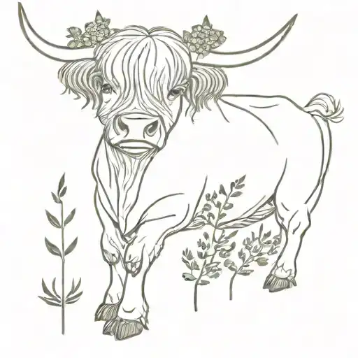 full highland cow body laying down in with Scottish  thistles around them vertical length  tattoo design idea