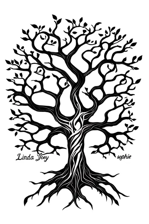"Linda Joey sophie" Family tree intertwined tattoo design idea