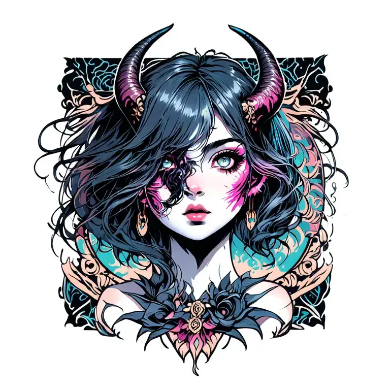 Girl demon face profile tattoo design idea