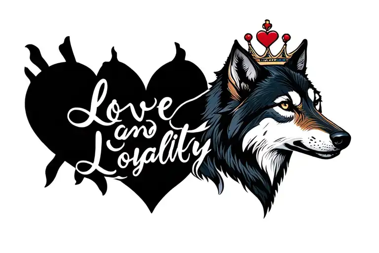  love and loyalty wording, with a wolf, heart, and crown tattoo design idea