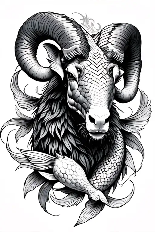 ram with 2 koi fish circling the ram tattoo design idea