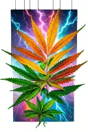 weed leafs falling with colorful lightning striking tattoo design idea