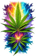 weed leafs falling with colorful lightning striking tattoo design idea