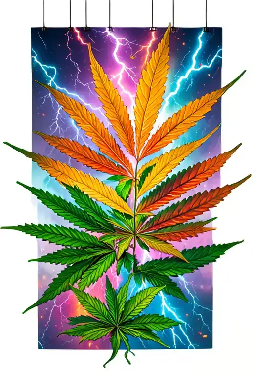 weed leafs falling with colorful lightning striking tattoo design idea