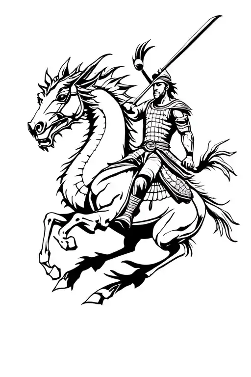 Turkish Warrior kills dragon on horseback tattoo design idea
