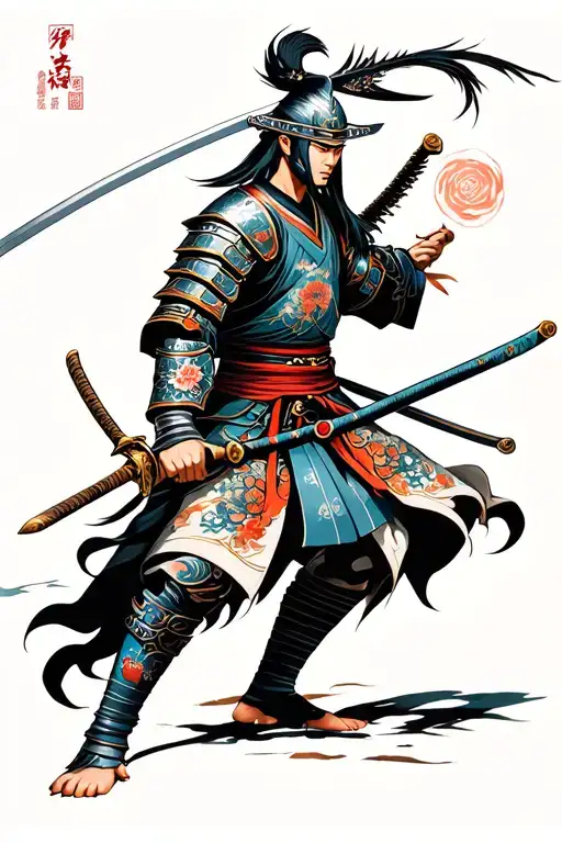 Raiden and Japanese style and armor wielding his sword tattoo design idea