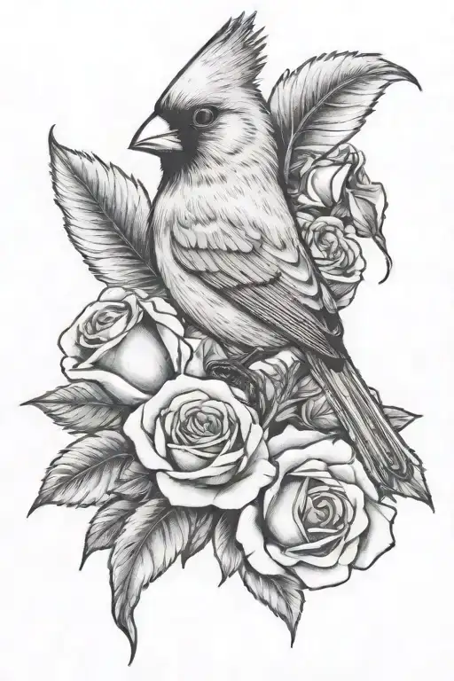 cardinal perched on roses memorial piece tattoo design idea