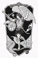st Michael the archangel as a marble statue standing over a snake, holding traditional sword and large shield tattoo design idea