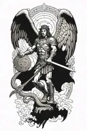 st Michael the archangel as a marble statue standing over a snake, holding traditional sword and large shield tattoo design idea