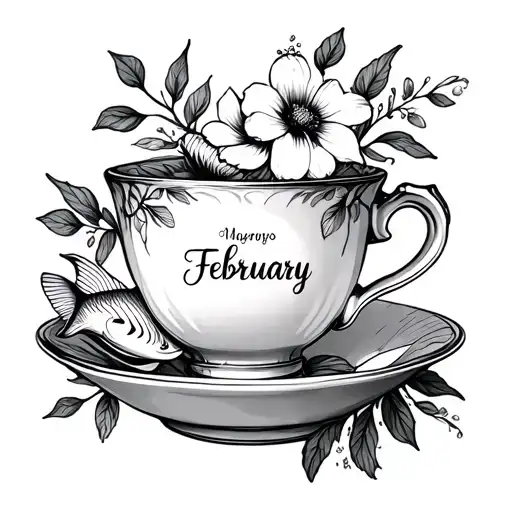 birth flowers February, March and May, teacup and fish tattoo design idea