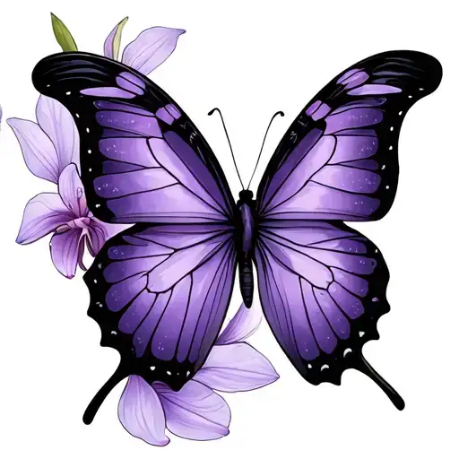 Purple butterfly with orchid tattoo design idea