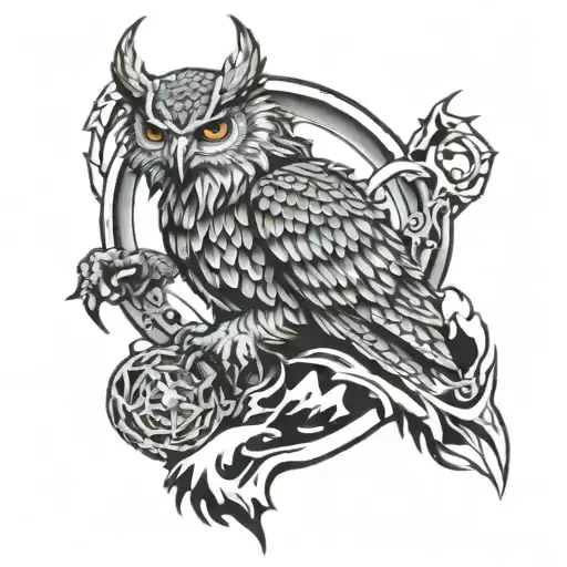 owl, dragon, wolf eagle fish native American warrior riding chains of flames around a mountain  tattoo design idea