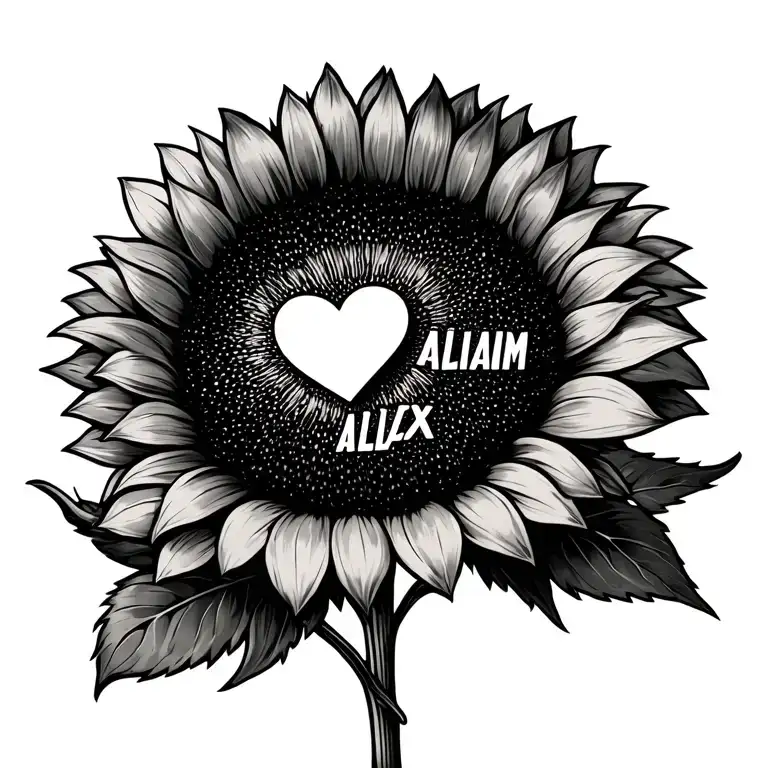 sunflower with stem spelling Allison with a heart shaped lock, and names Liam and Alex in the center of each leaf tattoo design idea