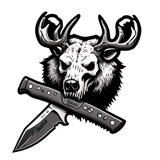 a buck 120 knife tattoo for the outer forearm. the very top of the handle for the knife should be a bear skull, tattoo design idea