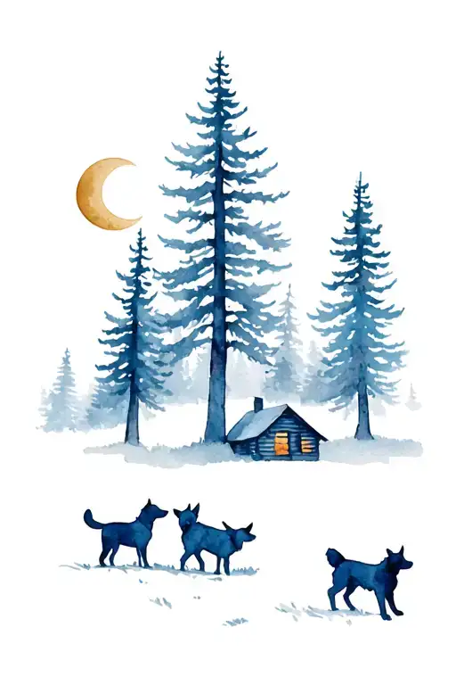 Pine Tree forest with cabin, hunter outline 2 dog outlines and a moon above  tattoo design idea