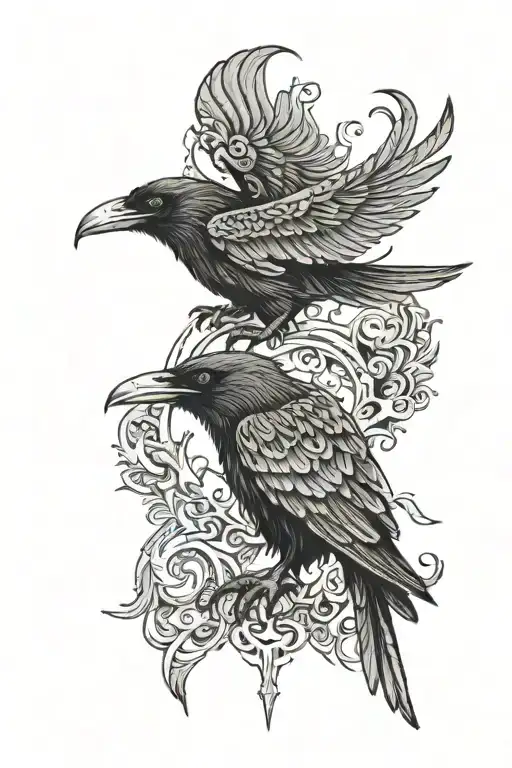Huginn and Muninn, Odin’s ravens, but wings stylized with intricate, water-like patterns and tridents in talons tattoo design idea