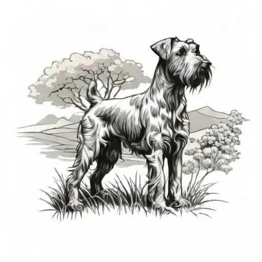 Irish terrier in countryside scene tattoo design idea