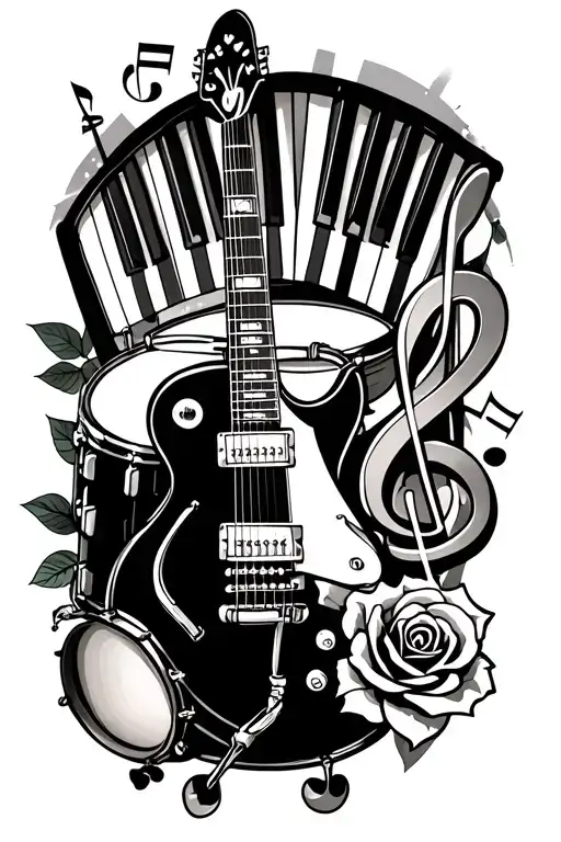 half sleeve with a microphone, piano keys intertwined, snare drum, treble clef with notes, a rose and electric guitar  tattoo design idea