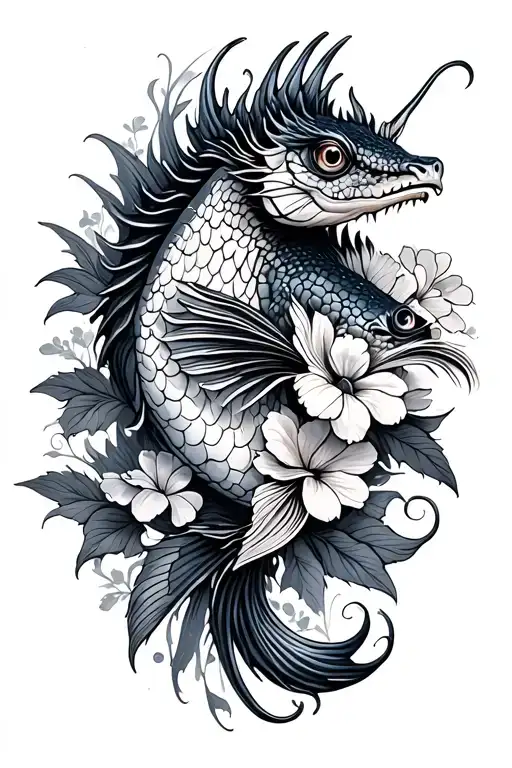 dragonfish with flowers   feminine  tattoo design idea