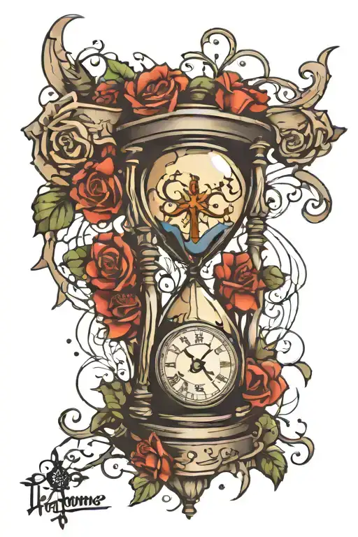 Cracked  hour glass with clock and cross   tattoo design idea
