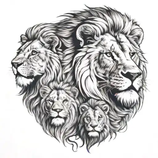 1 Big male lion head with a smaller female lion, 2 younger male lions and 1 younger female lion and 1 cub tattoo design idea