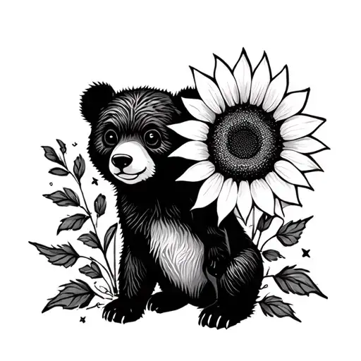 cute bear cub and sunflower tattoo design idea