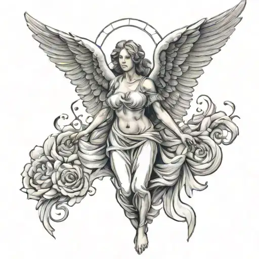 female guardian angel with wings spread wide tattoo design idea