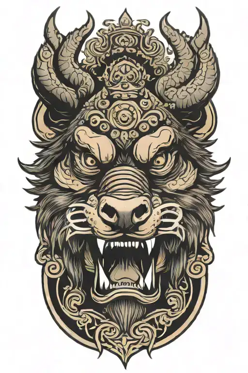 angry boar head wearing a crown with a winged background tattoo design idea