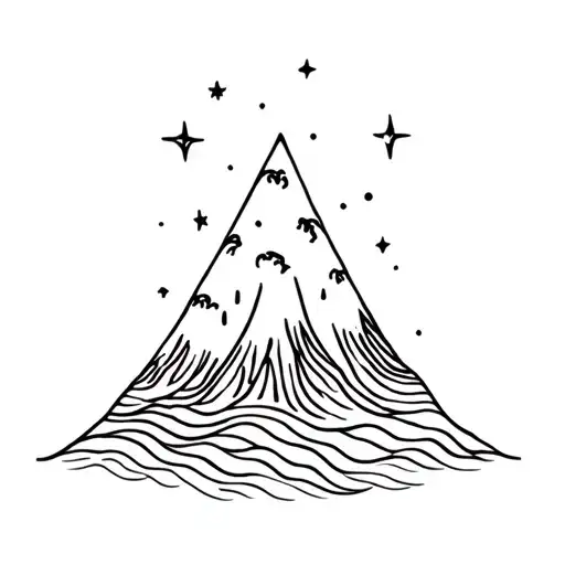 triangular shaped volcano with waves flowing and stars above tattoo design idea