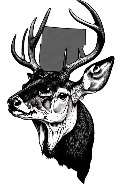 Include the map of Kansas, walleye fish, and white tail deer, make it realistic and the deer a skull tattoo design idea