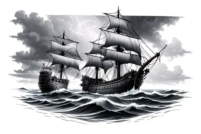 galleon, storm, sea creature tattoo design idea