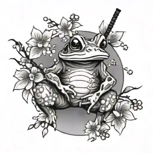 samurai frog with cherry blossoms falling tattoo design idea