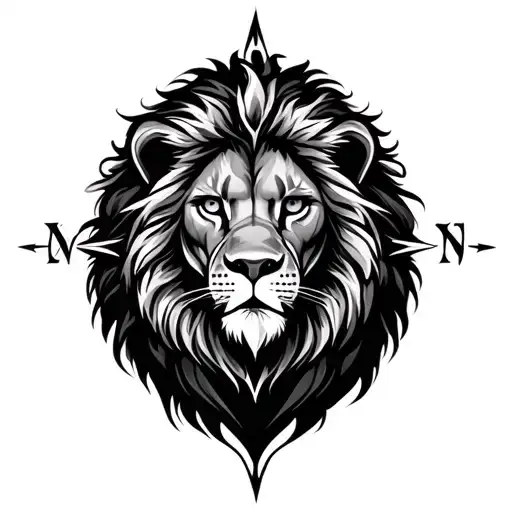 Black Background compass and lion tattoo design idea