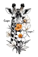 "Cooper " giraffe with a marigold and narcissus flower with name tattoo design idea