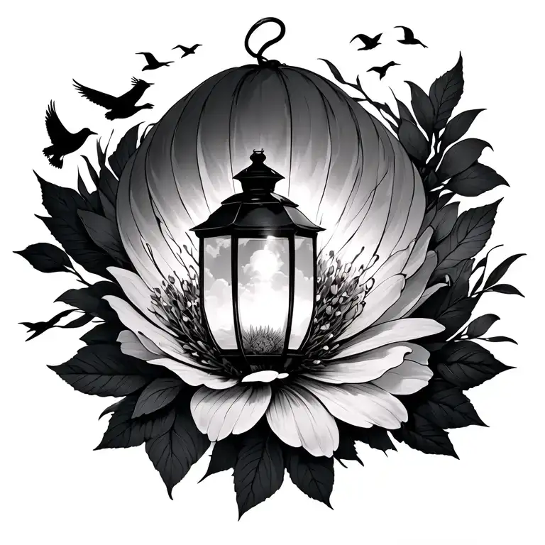flower transitioning to a flock of birds and single sky lantern tattoo design idea