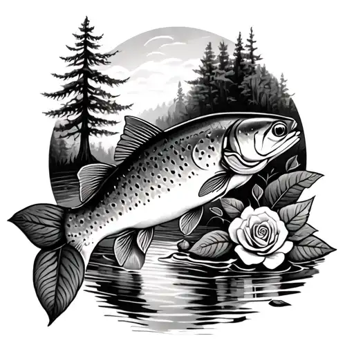 rainbow trout with rose near tree line in stream of water tattoo design idea