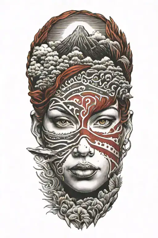 female face, red hair, hawaii, volcano, sea turles tattoo design idea