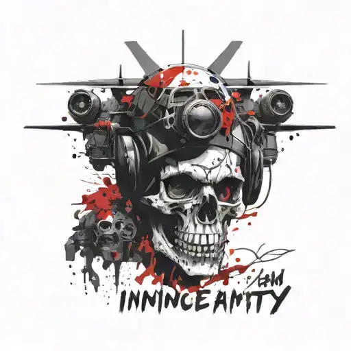 a american war fighter holding a skull with helicopters in the back and the words an innocence is insanity tattoo design idea