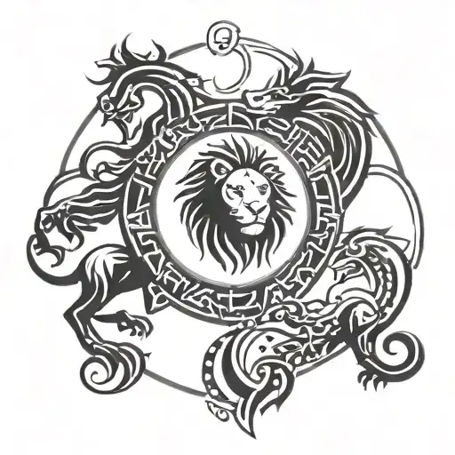 zodiac signs "lion, twins, scorpion, fish" with the lion in the center  tattoo design idea