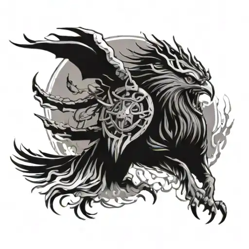 owl, dragon, wolf eagle fish native American warrior riding chains of flames around a mountain  tattoo design idea