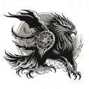 owl, dragon, wolf eagle fish native American warrior riding chains of flames around a mountain  tattoo design idea